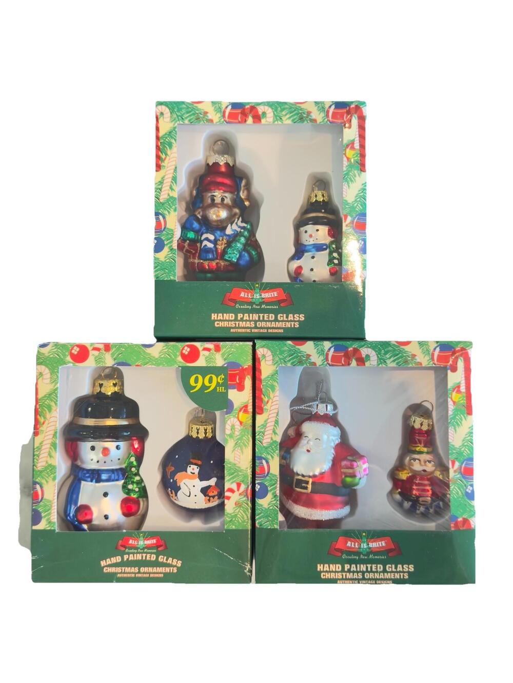 6 Vintage Handpainted Mini Glass Ornaments ALL IS BRITE Moose Nutcracker Santa